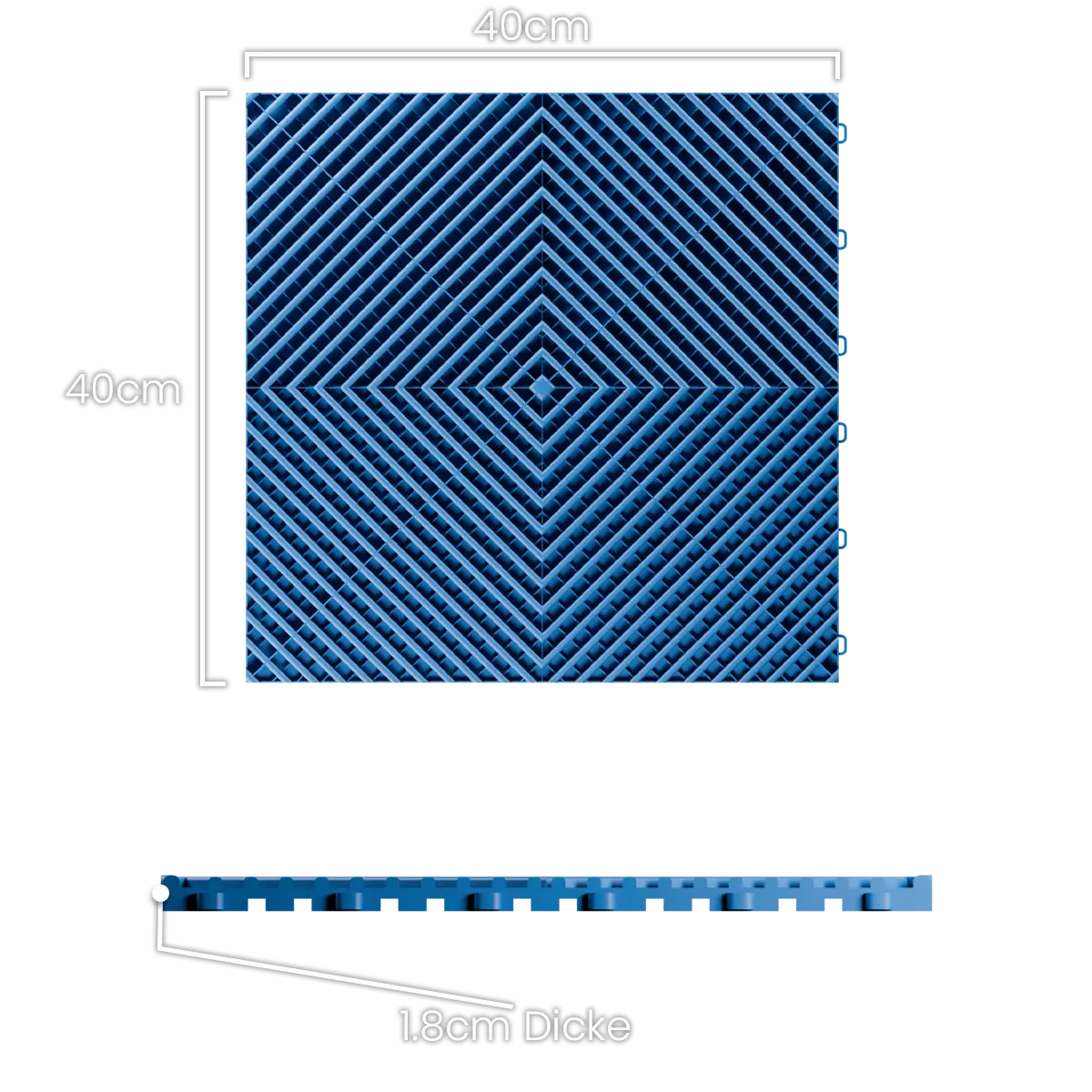 Dieses Bild zeigt die Maße der Klickfliesen von Ace Customs. Die Maße der Klickfliesen sind: 40m<sup>2</sup> Länge, 40m<sup>2</sup> Breite und 1,8m<sup>2</sup> Dicke.